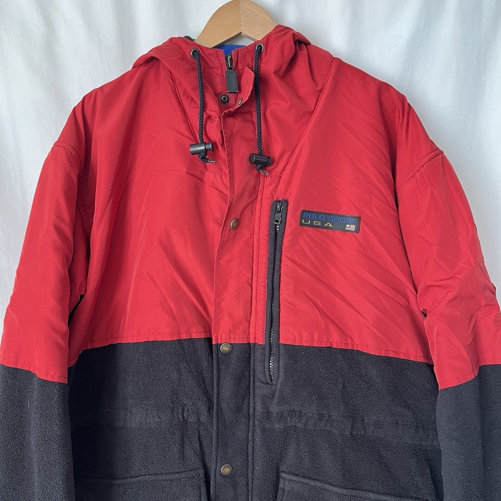 Polo Sport Ralph Lauren Jacket Men L Red Black Fleece Nylon Hooded Vintage 90s - Picture 15 of 16